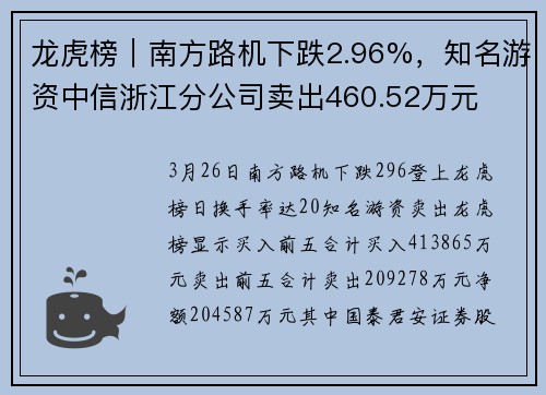 龙虎榜｜南方路机下跌2.96%，知名游资中信浙江分公司卖出460.52万元